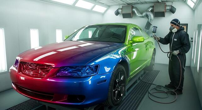 car painter spraying colorful car in professional paint booth photo